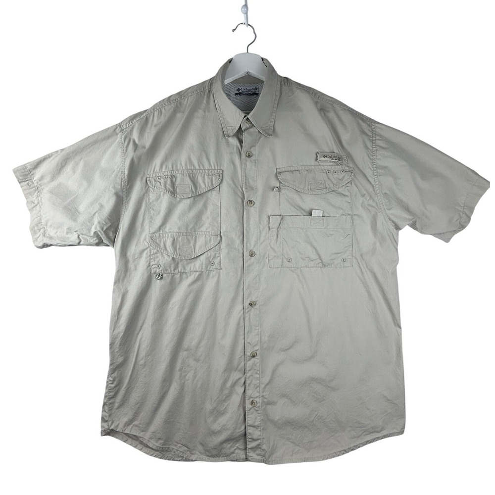 Columbia PFG Fishing Shirt Mens XL Beige Short Sleeve Vented Utility‎